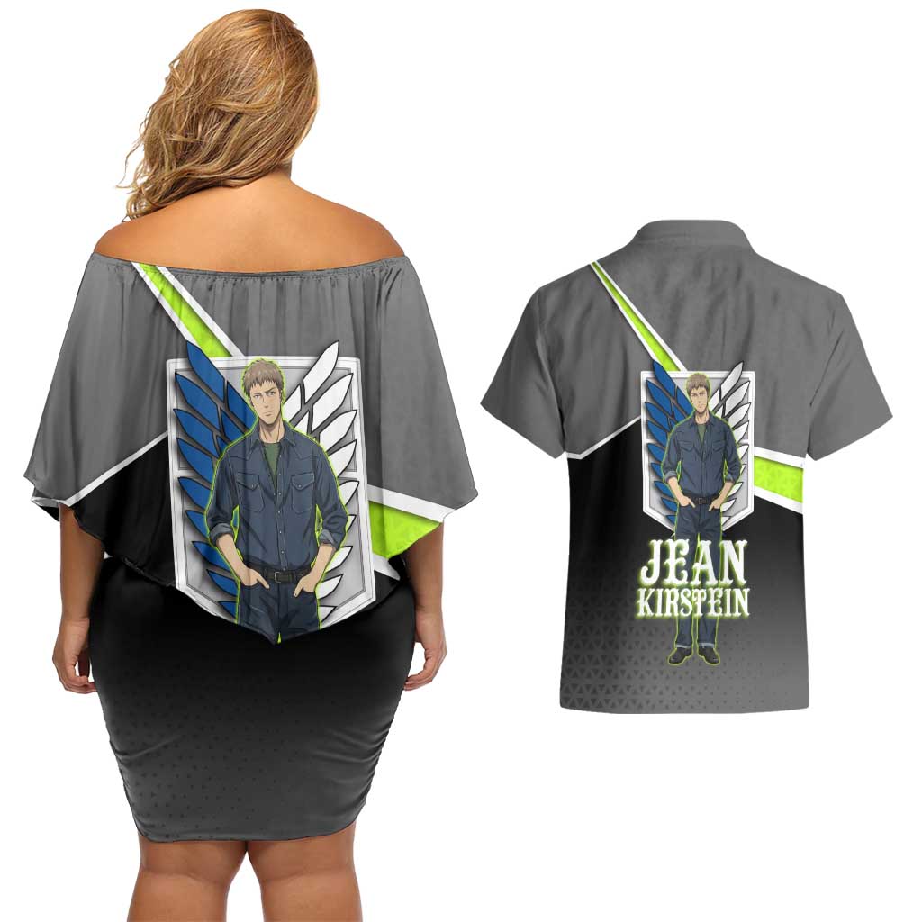 Jean Kirstein Attack on Titan Couples Matching Off Shoulder Short Dress and Hawaiian Shirt Anime Denim Utility Style