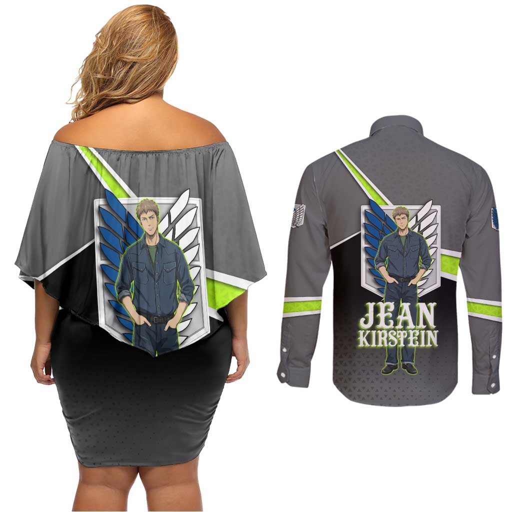 Jean Kirstein Attack on Titan Couples Matching Off Shoulder Short Dress and Long Sleeve Button Shirt Anime Denim Utility Style