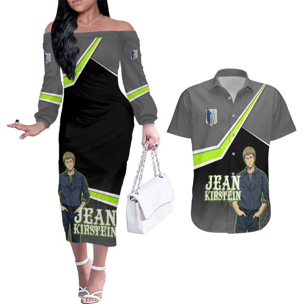 Jean Kirstein Attack on Titan Couples Matching Off The Shoulder Long Sleeve Dress and Hawaiian Shirt Anime Denim Utility Style