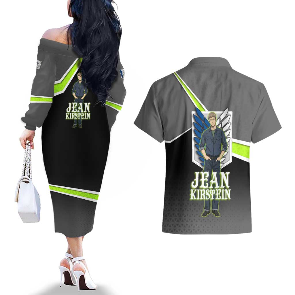 Jean Kirstein Attack on Titan Couples Matching Off The Shoulder Long Sleeve Dress and Hawaiian Shirt Anime Denim Utility Style