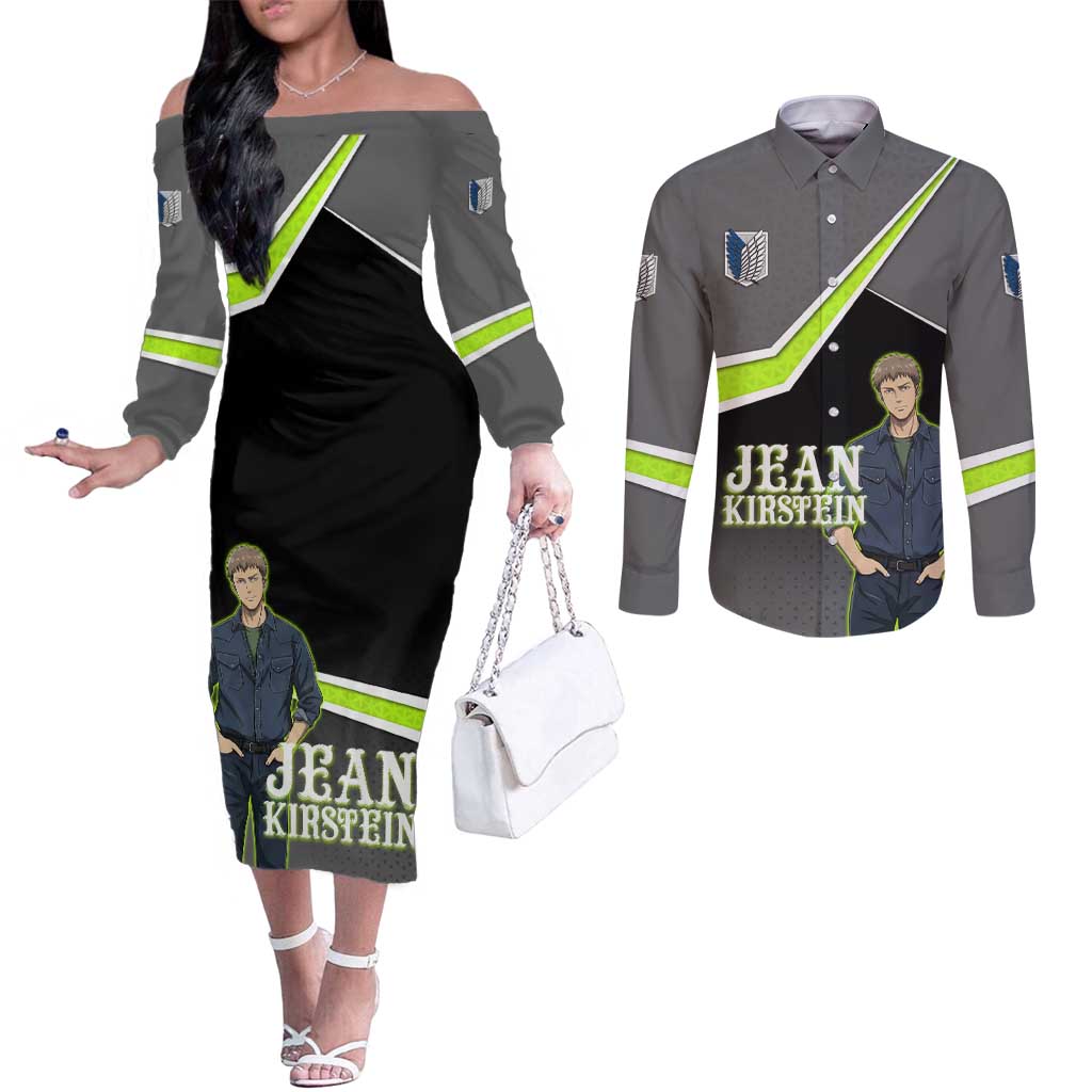 Jean Kirstein Attack on Titan Couples Matching Off The Shoulder Long Sleeve Dress and Long Sleeve Button Shirt Anime Denim Utility Style