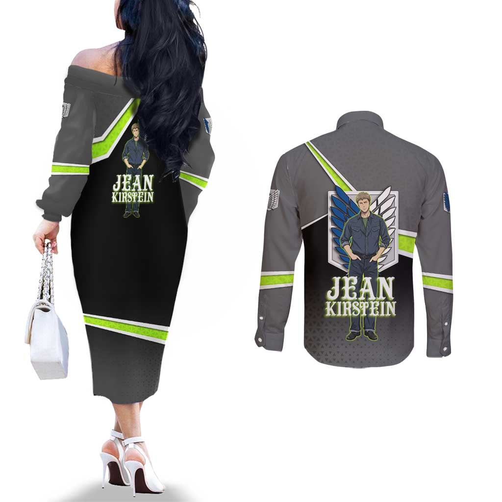 Jean Kirstein Attack on Titan Couples Matching Off The Shoulder Long Sleeve Dress and Long Sleeve Button Shirt Anime Denim Utility Style