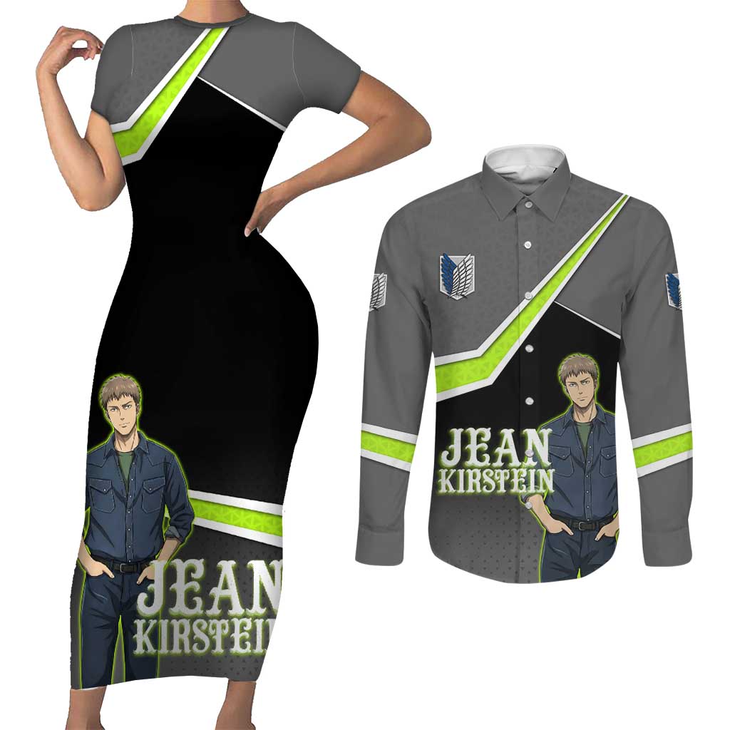 Jean Kirstein Attack on Titan Couples Matching Short Sleeve Bodycon Dress and Long Sleeve Button Shirt Anime Denim Utility Style