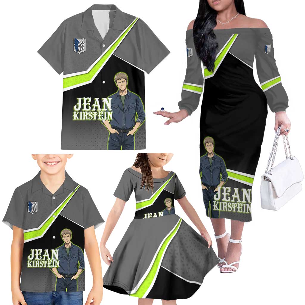 Jean Kirstein Attack on Titan Family Matching Off The Shoulder Long Sleeve Dress and Hawaiian Shirt Anime Denim Utility Style