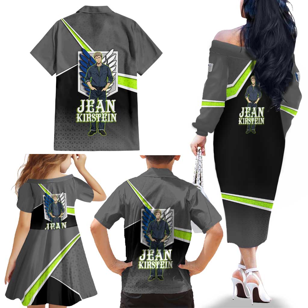 Jean Kirstein Attack on Titan Family Matching Off The Shoulder Long Sleeve Dress and Hawaiian Shirt Anime Denim Utility Style