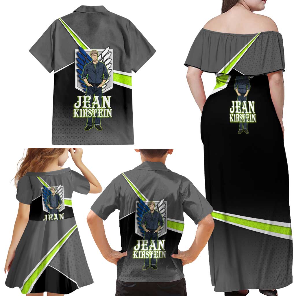 Jean Kirstein Attack on Titan Family Matching Off Shoulder Maxi Dress and Hawaiian Shirt Anime Denim Utility Style