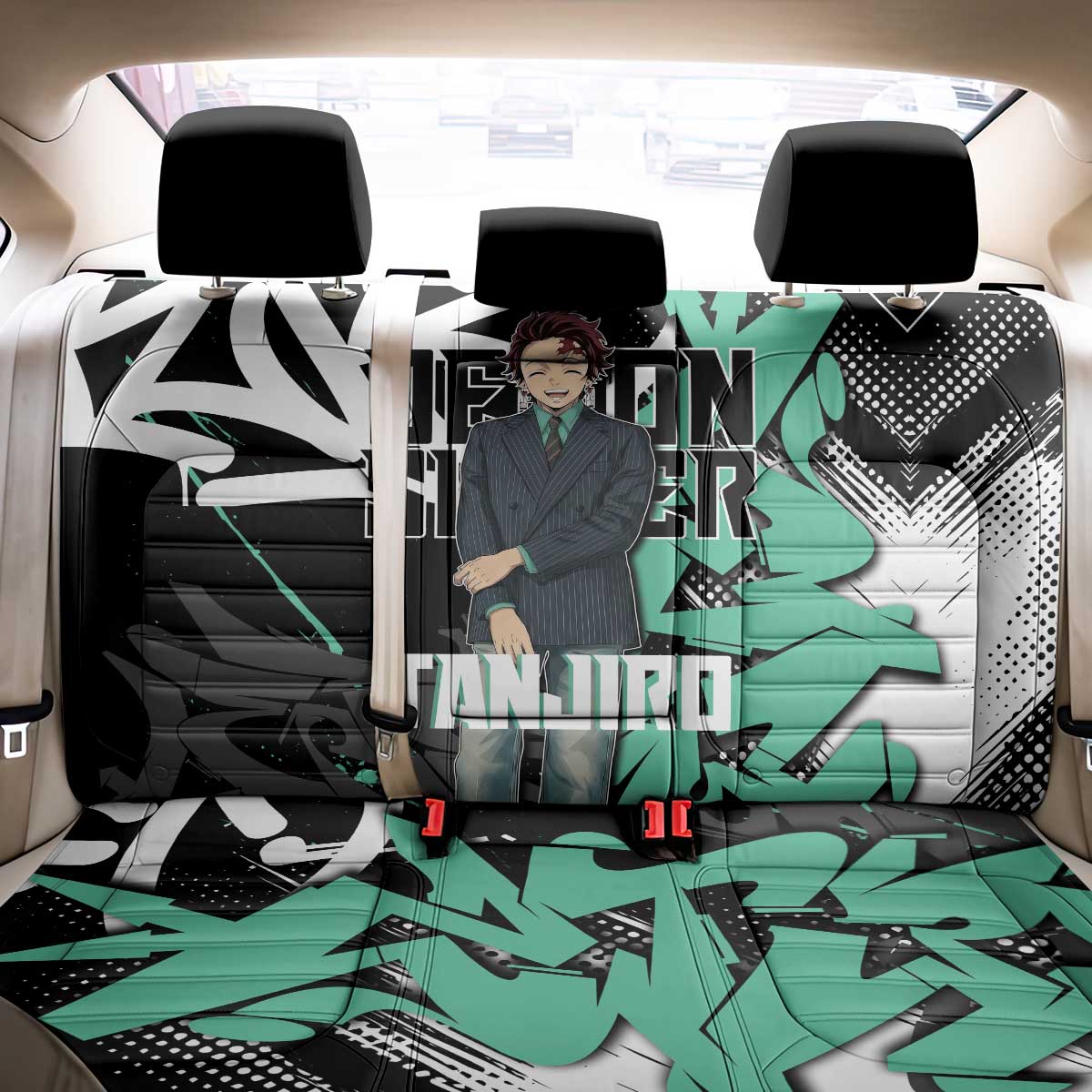 Kamado Tanjiro Demon Slayer Back Car Seat Cover Black Graffiti Anime Graphic