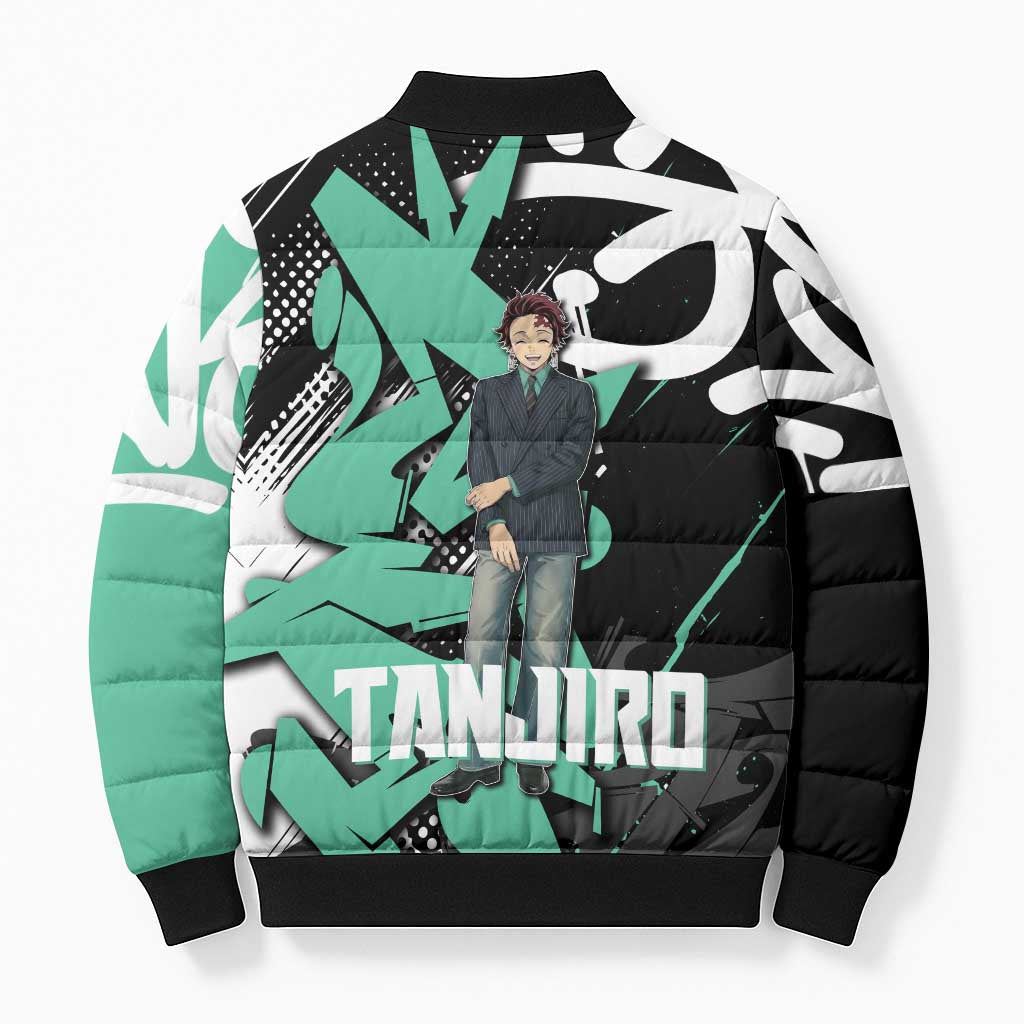 Kamado Tanjiro Demon Slayer Bomber Puffer Jacket Black Graffiti Anime Graphic