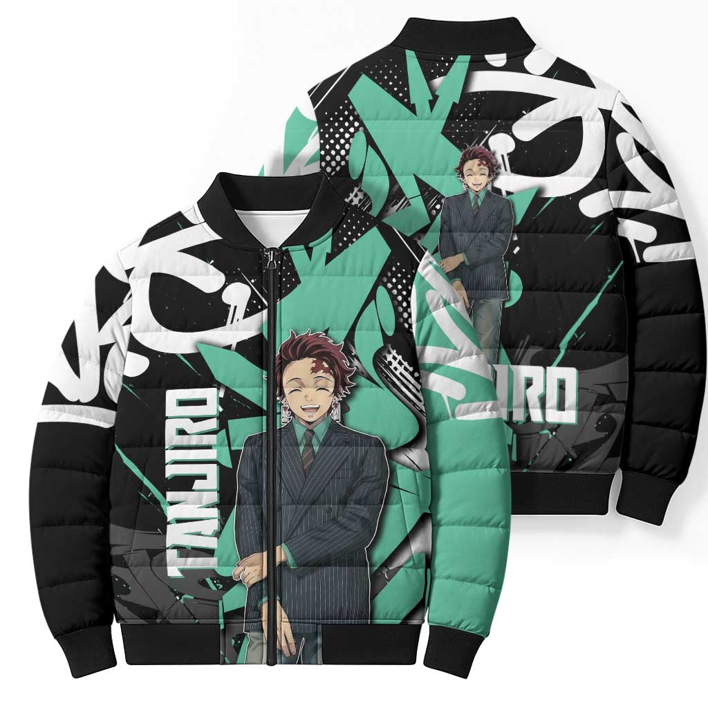 Kamado Tanjiro Demon Slayer Bomber Puffer Jacket Black Graffiti Anime Graphic