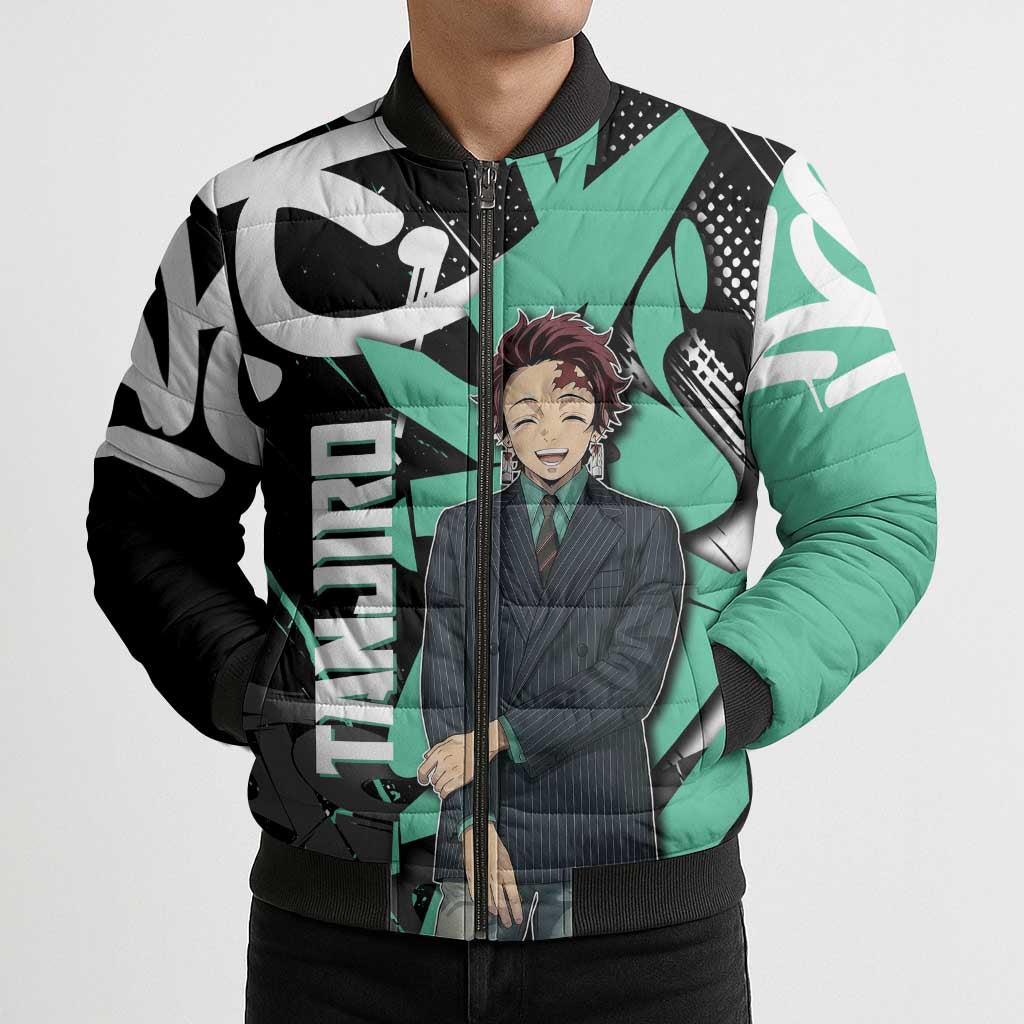 Kamado Tanjiro Demon Slayer Bomber Puffer Jacket Black Graffiti Anime Graphic