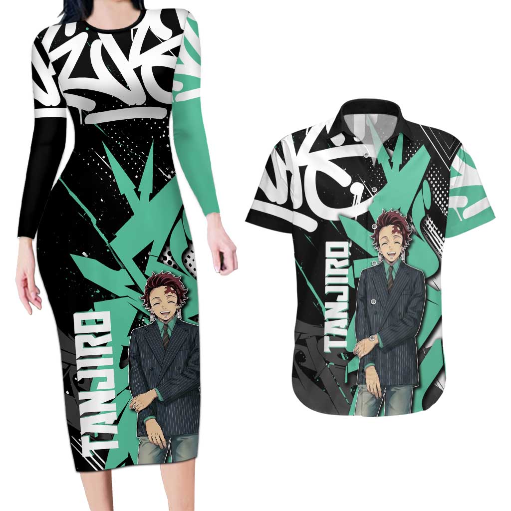 Kamado Tanjiro Demon Slayer Couples Matching Long Sleeve Bodycon Dress and Hawaiian Shirt Black Graffiti Anime Graphic