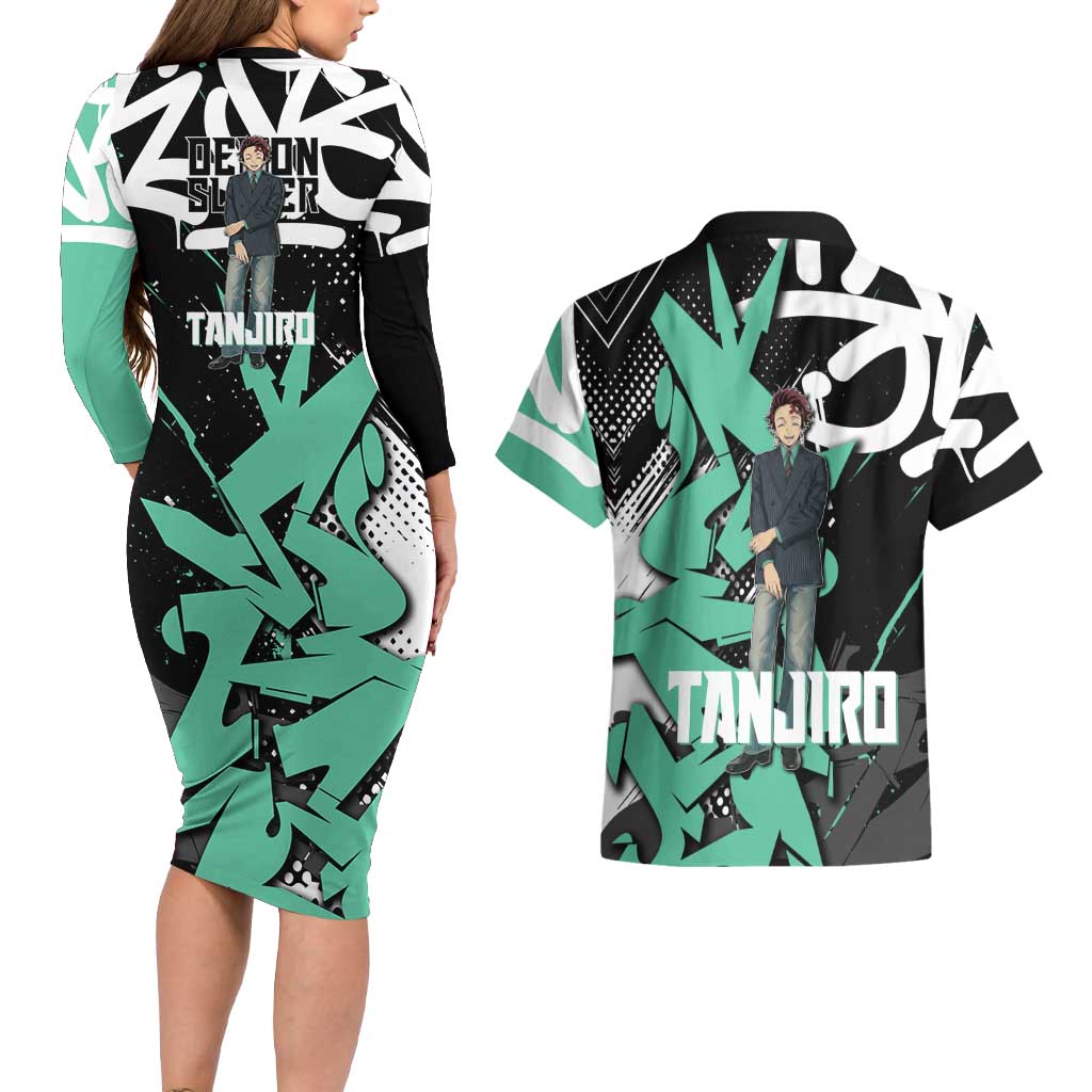 Kamado Tanjiro Demon Slayer Couples Matching Long Sleeve Bodycon Dress and Hawaiian Shirt Black Graffiti Anime Graphic