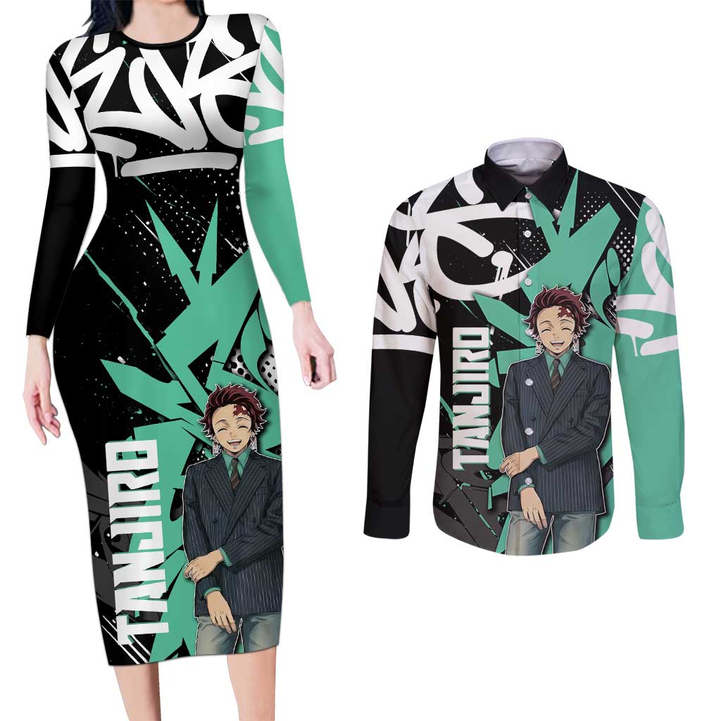 Kamado Tanjiro Demon Slayer Couples Matching Long Sleeve Bodycon Dress and Long Sleeve Button Shirt Black Graffiti Anime Graphic