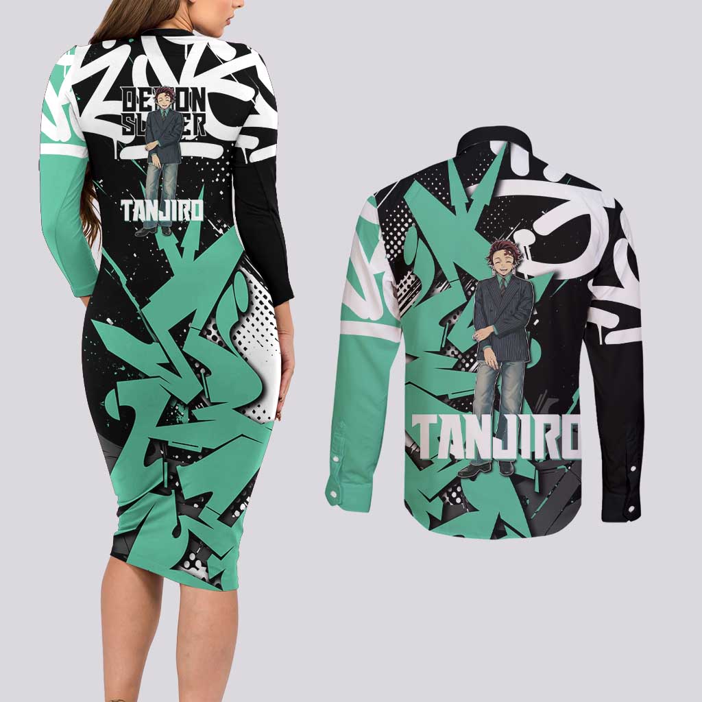 Kamado Tanjiro Demon Slayer Couples Matching Long Sleeve Bodycon Dress and Long Sleeve Button Shirt Black Graffiti Anime Graphic