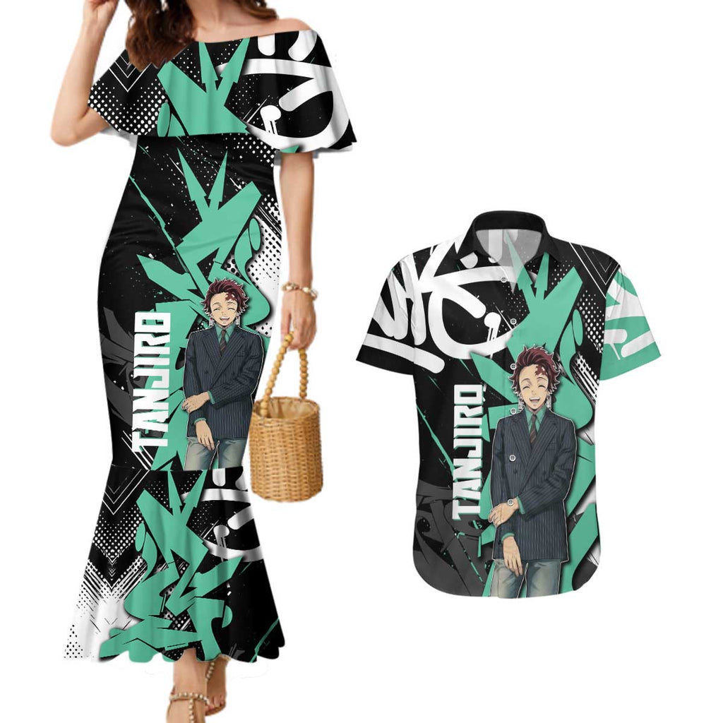 Kamado Tanjiro Demon Slayer Couples Matching Mermaid Dress and Hawaiian Shirt Black Graffiti Anime Graphic