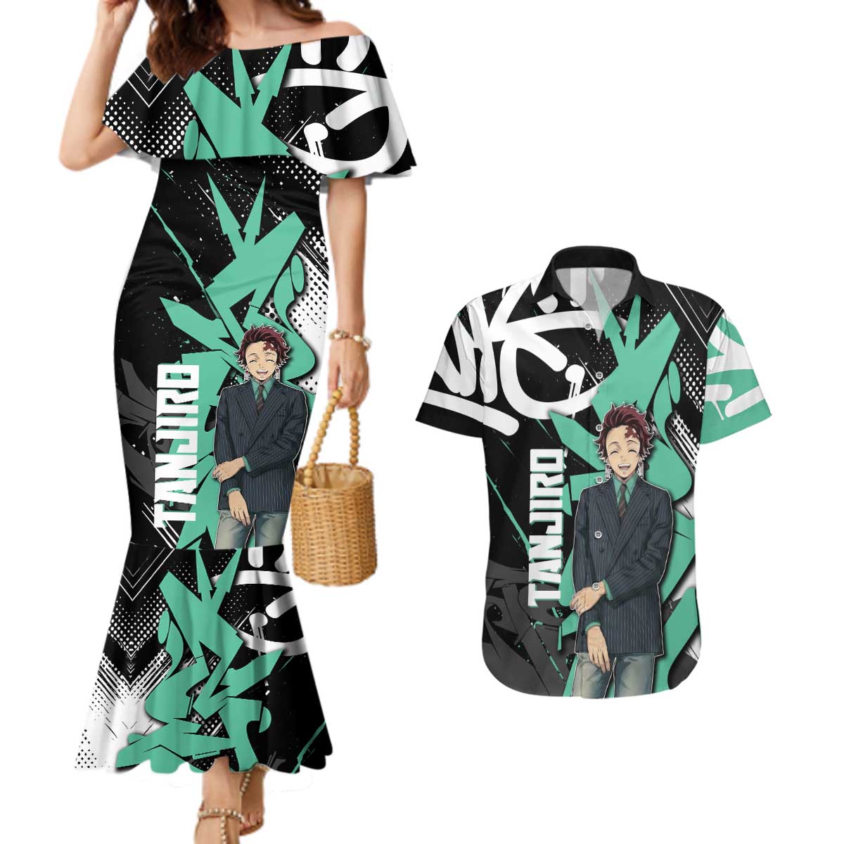 Kamado Tanjiro Demon Slayer Couples Matching Mermaid Dress and Hawaiian Shirt Black Graffiti Anime Graphic