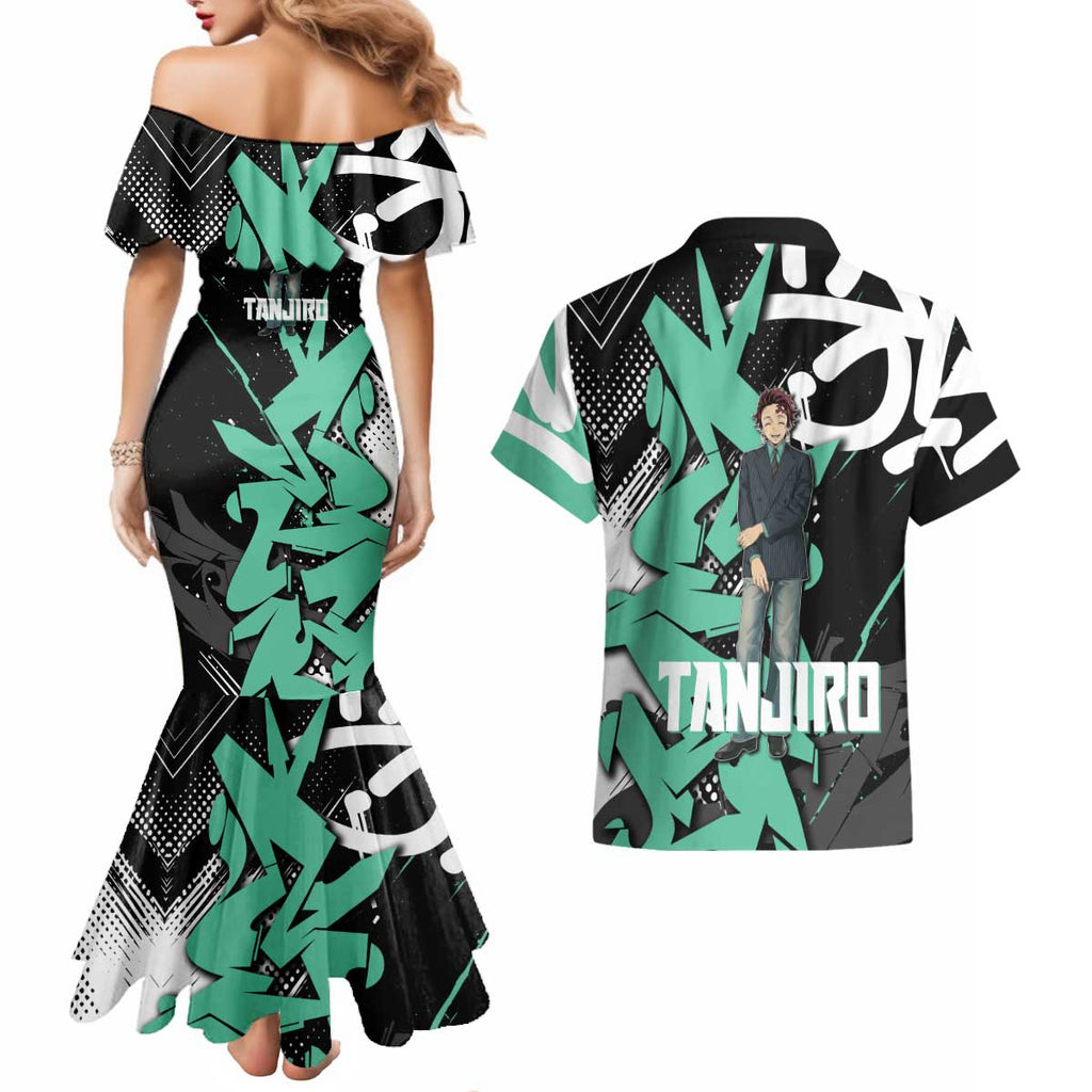 Kamado Tanjiro Demon Slayer Couples Matching Mermaid Dress and Hawaiian Shirt Black Graffiti Anime Graphic