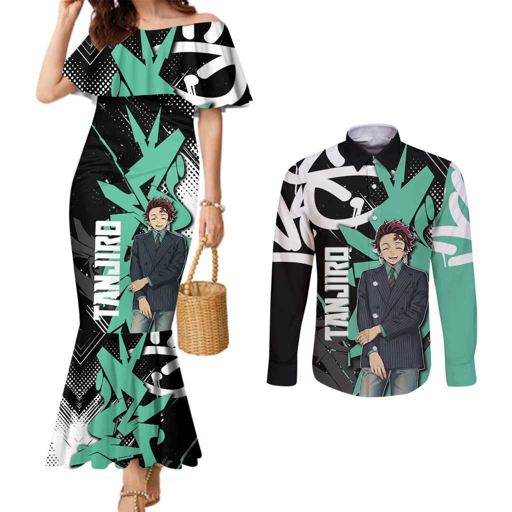 Kamado Tanjiro Demon Slayer Couples Matching Mermaid Dress and Long Sleeve Button Shirt Black Graffiti Anime Graphic