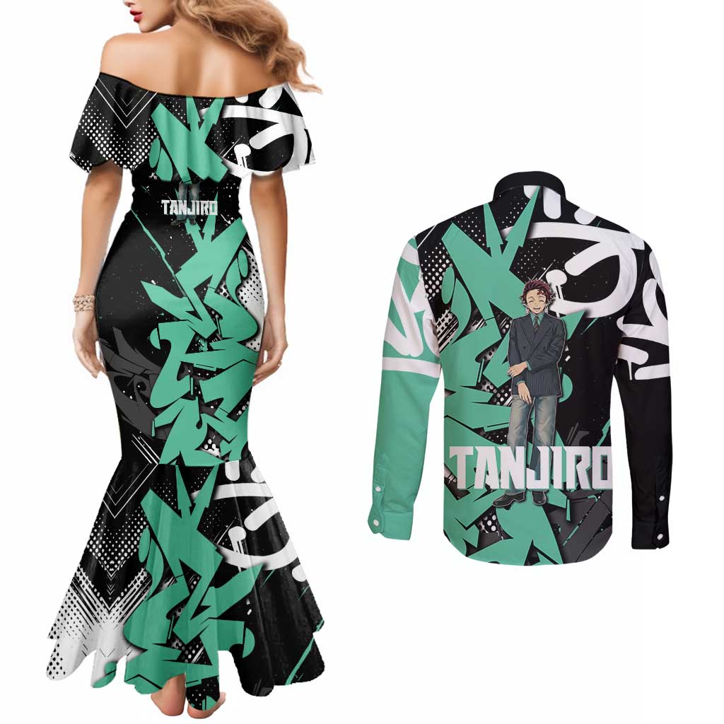 Kamado Tanjiro Demon Slayer Couples Matching Mermaid Dress and Long Sleeve Button Shirt Black Graffiti Anime Graphic