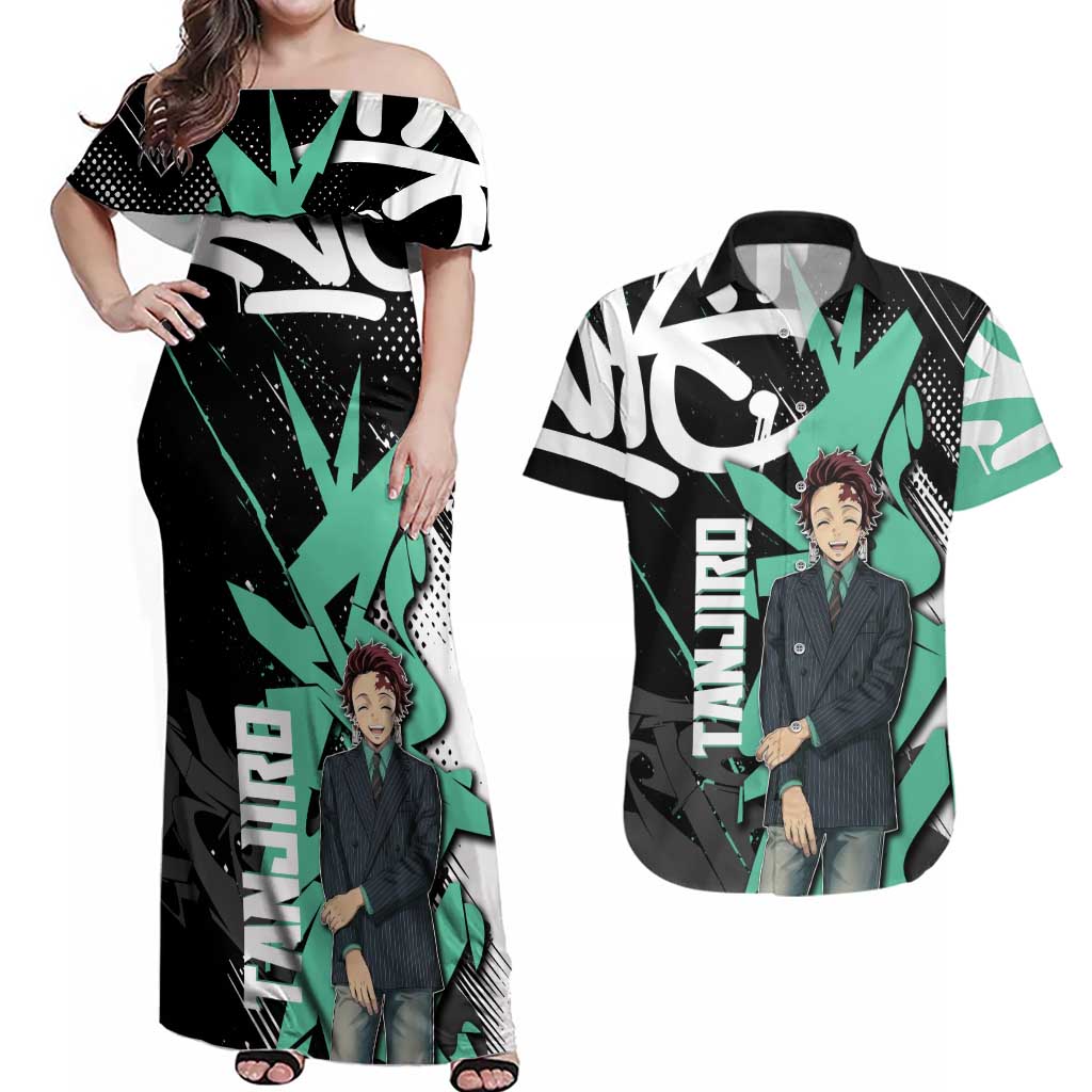 Kamado Tanjiro Demon Slayer Couples Matching Off Shoulder Maxi Dress and Hawaiian Shirt Black Graffiti Anime Graphic