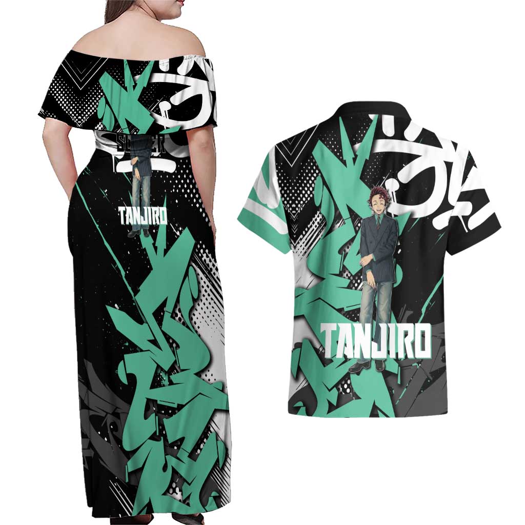 Kamado Tanjiro Demon Slayer Couples Matching Off Shoulder Maxi Dress and Hawaiian Shirt Black Graffiti Anime Graphic