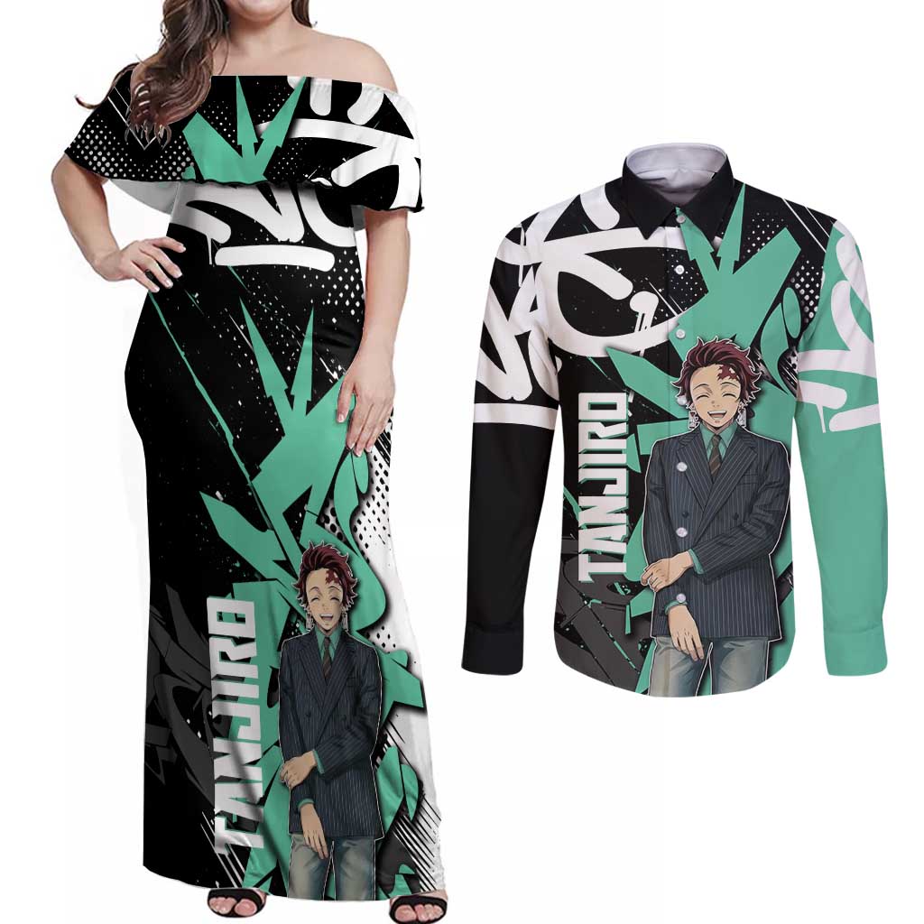 Kamado Tanjiro Demon Slayer Couples Matching Off Shoulder Maxi Dress and Long Sleeve Button Shirt Black Graffiti Anime Graphic