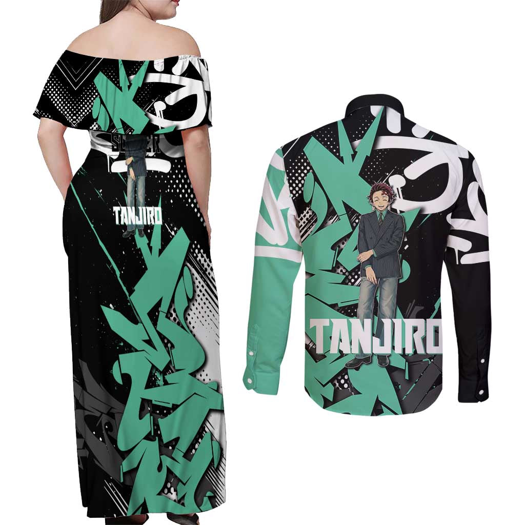 Kamado Tanjiro Demon Slayer Couples Matching Off Shoulder Maxi Dress and Long Sleeve Button Shirt Black Graffiti Anime Graphic