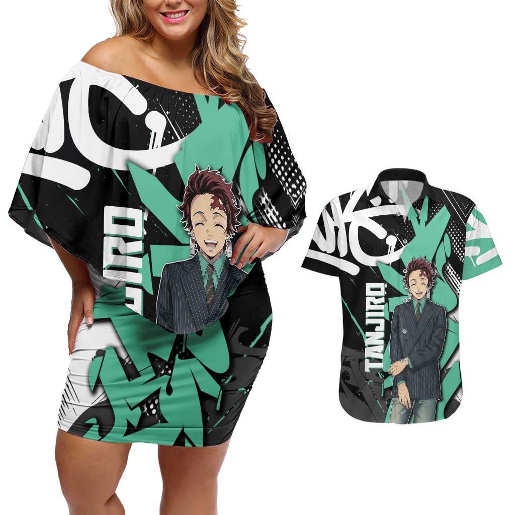 Kamado Tanjiro Demon Slayer Couples Matching Off Shoulder Short Dress and Hawaiian Shirt Black Graffiti Anime Graphic
