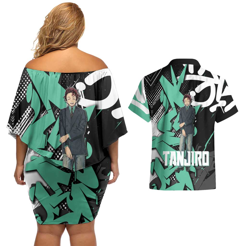 Kamado Tanjiro Demon Slayer Couples Matching Off Shoulder Short Dress and Hawaiian Shirt Black Graffiti Anime Graphic
