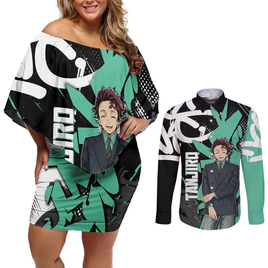 Kamado Tanjiro Demon Slayer Couples Matching Off Shoulder Short Dress and Long Sleeve Button Shirt Black Graffiti Anime Graphic