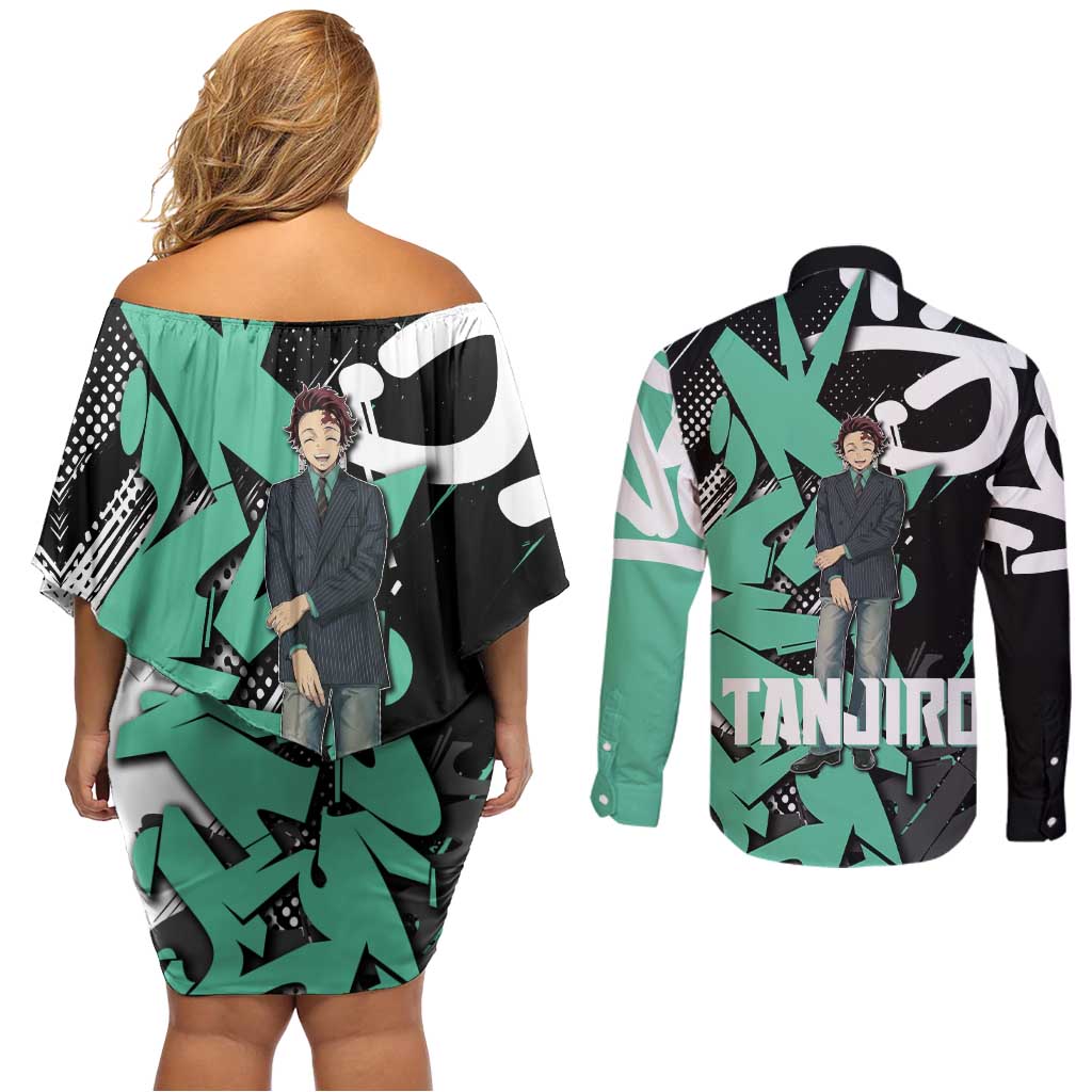 Kamado Tanjiro Demon Slayer Couples Matching Off Shoulder Short Dress and Long Sleeve Button Shirt Black Graffiti Anime Graphic