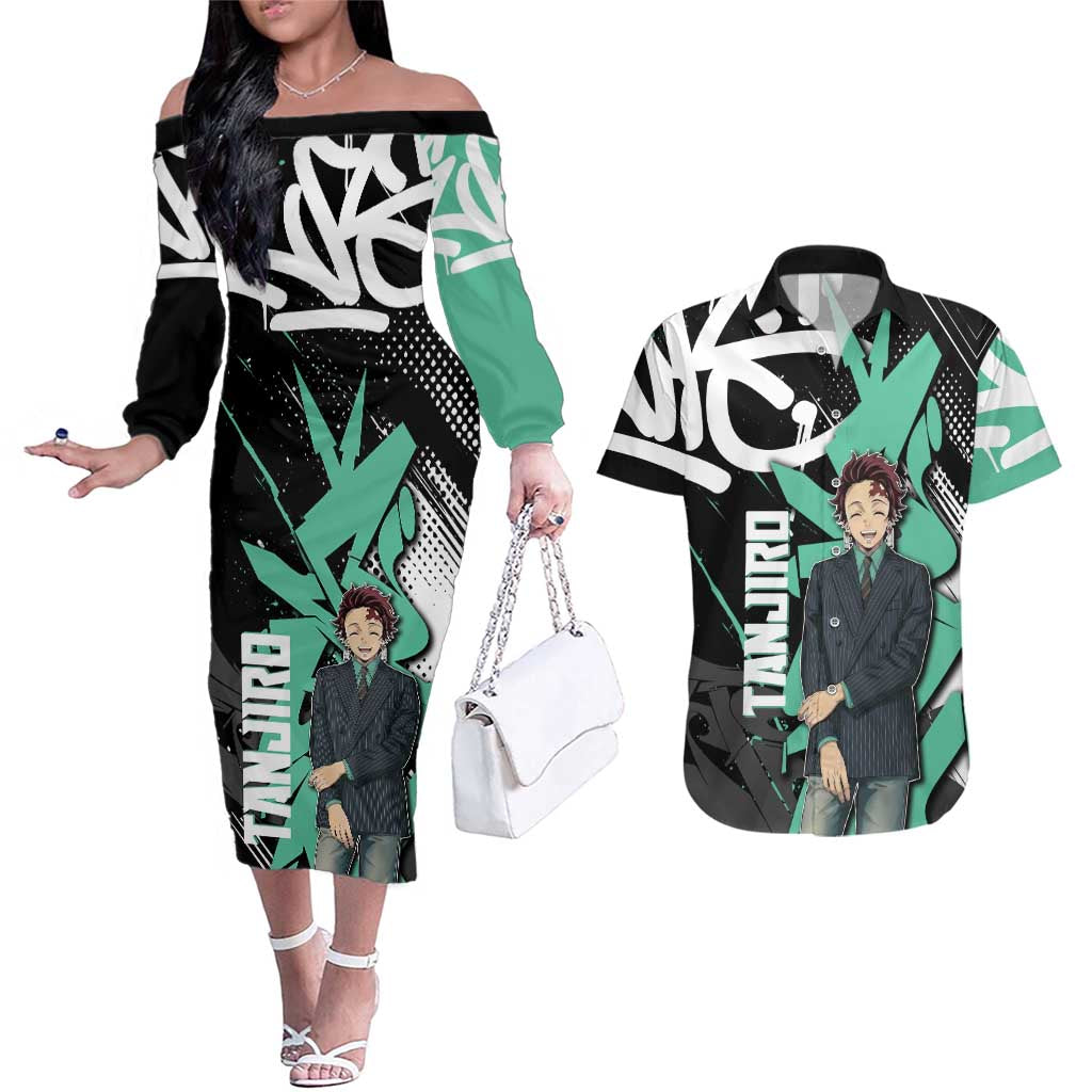 Kamado Tanjiro Demon Slayer Couples Matching Off The Shoulder Long Sleeve Dress and Hawaiian Shirt Black Graffiti Anime Graphic