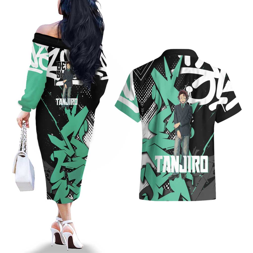 Kamado Tanjiro Demon Slayer Couples Matching Off The Shoulder Long Sleeve Dress and Hawaiian Shirt Black Graffiti Anime Graphic