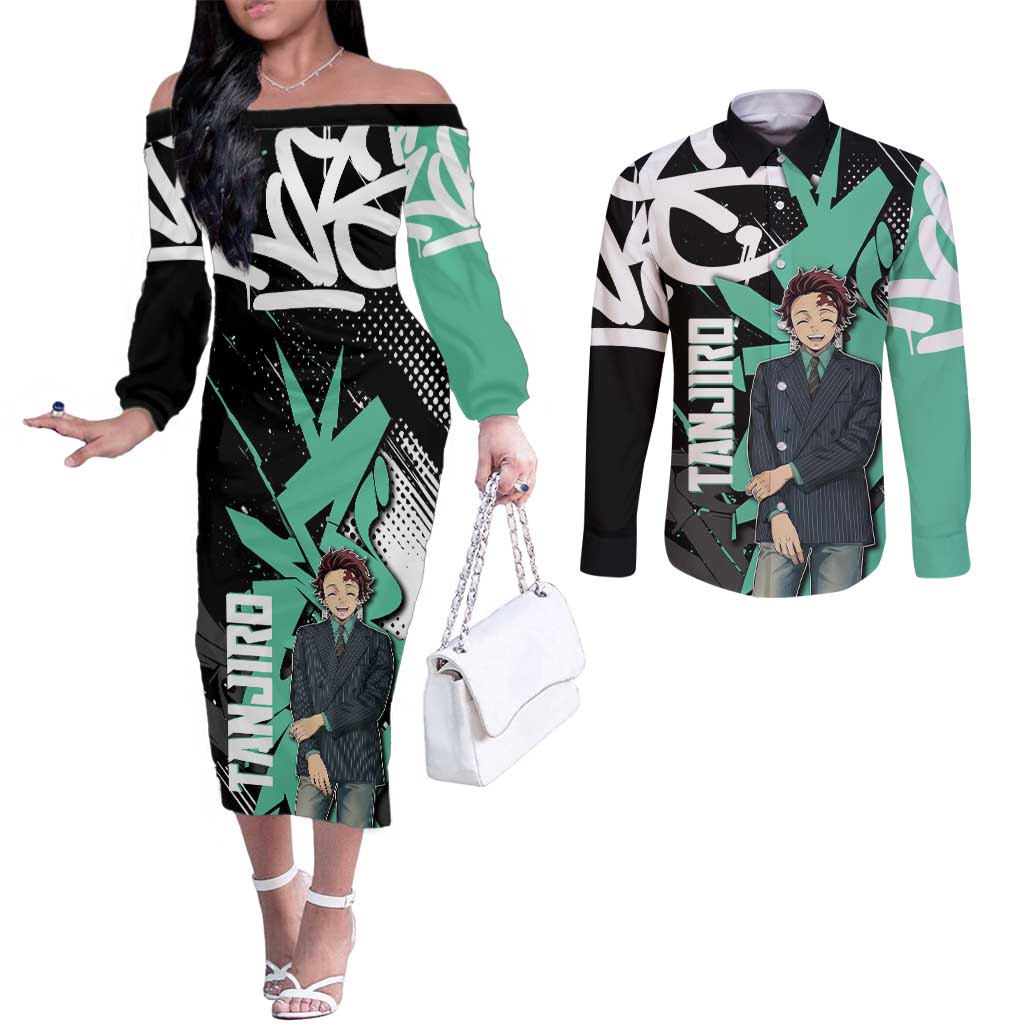 Kamado Tanjiro Demon Slayer Couples Matching Off The Shoulder Long Sleeve Dress and Long Sleeve Button Shirt Black Graffiti Anime Graphic