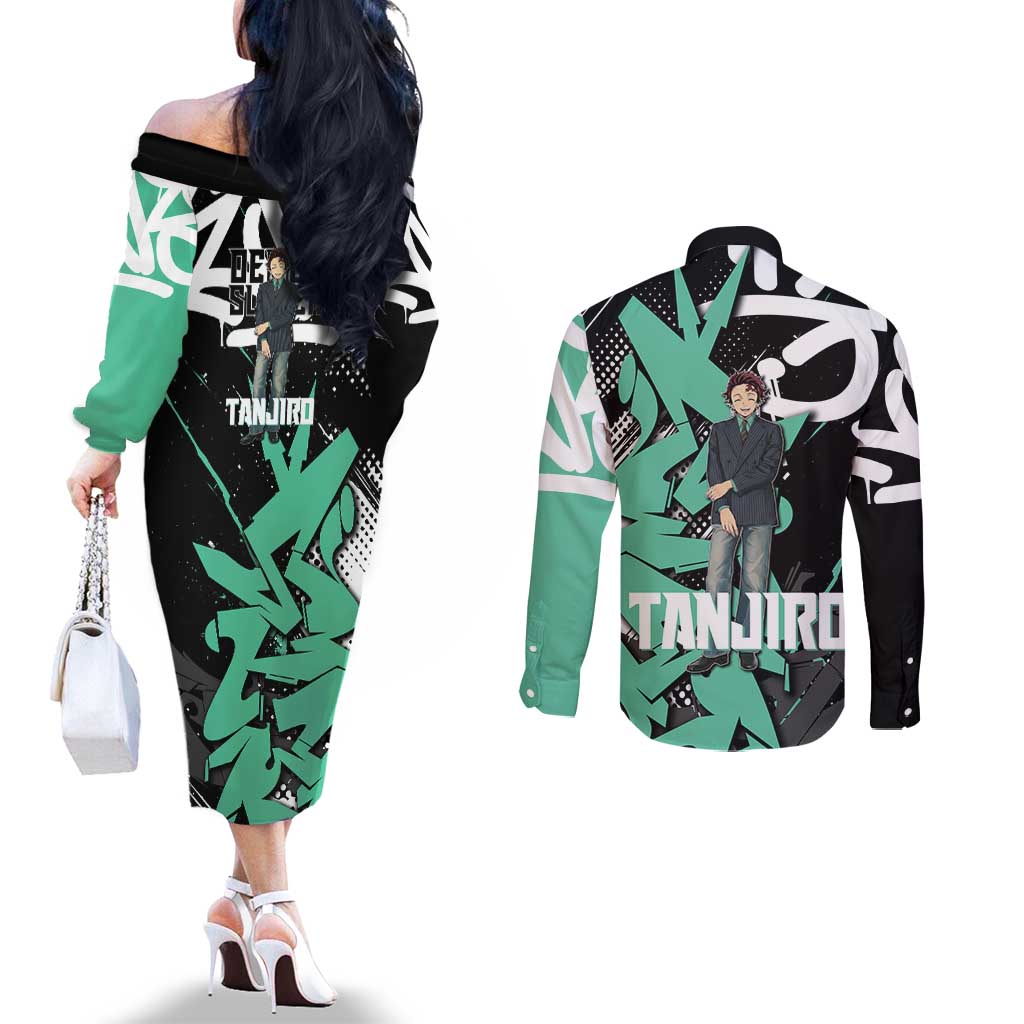 Kamado Tanjiro Demon Slayer Couples Matching Off The Shoulder Long Sleeve Dress and Long Sleeve Button Shirt Black Graffiti Anime Graphic