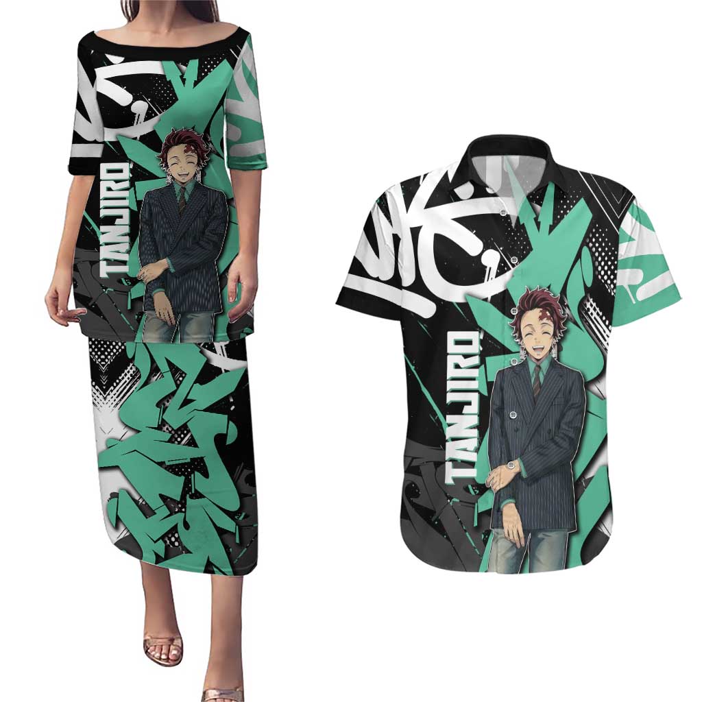 Kamado Tanjiro Demon Slayer Couples Matching Puletasi and Hawaiian Shirt Black Graffiti Anime Graphic