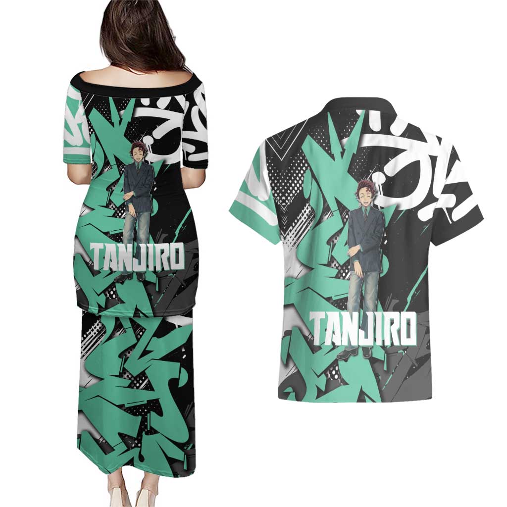 Kamado Tanjiro Demon Slayer Couples Matching Puletasi and Hawaiian Shirt Black Graffiti Anime Graphic