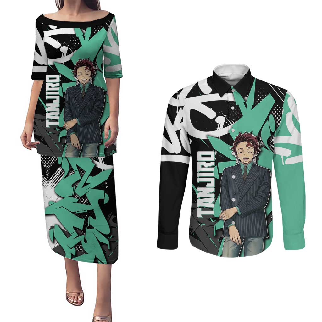 Kamado Tanjiro Demon Slayer Couples Matching Puletasi and Long Sleeve Button Shirt Black Graffiti Anime Graphic