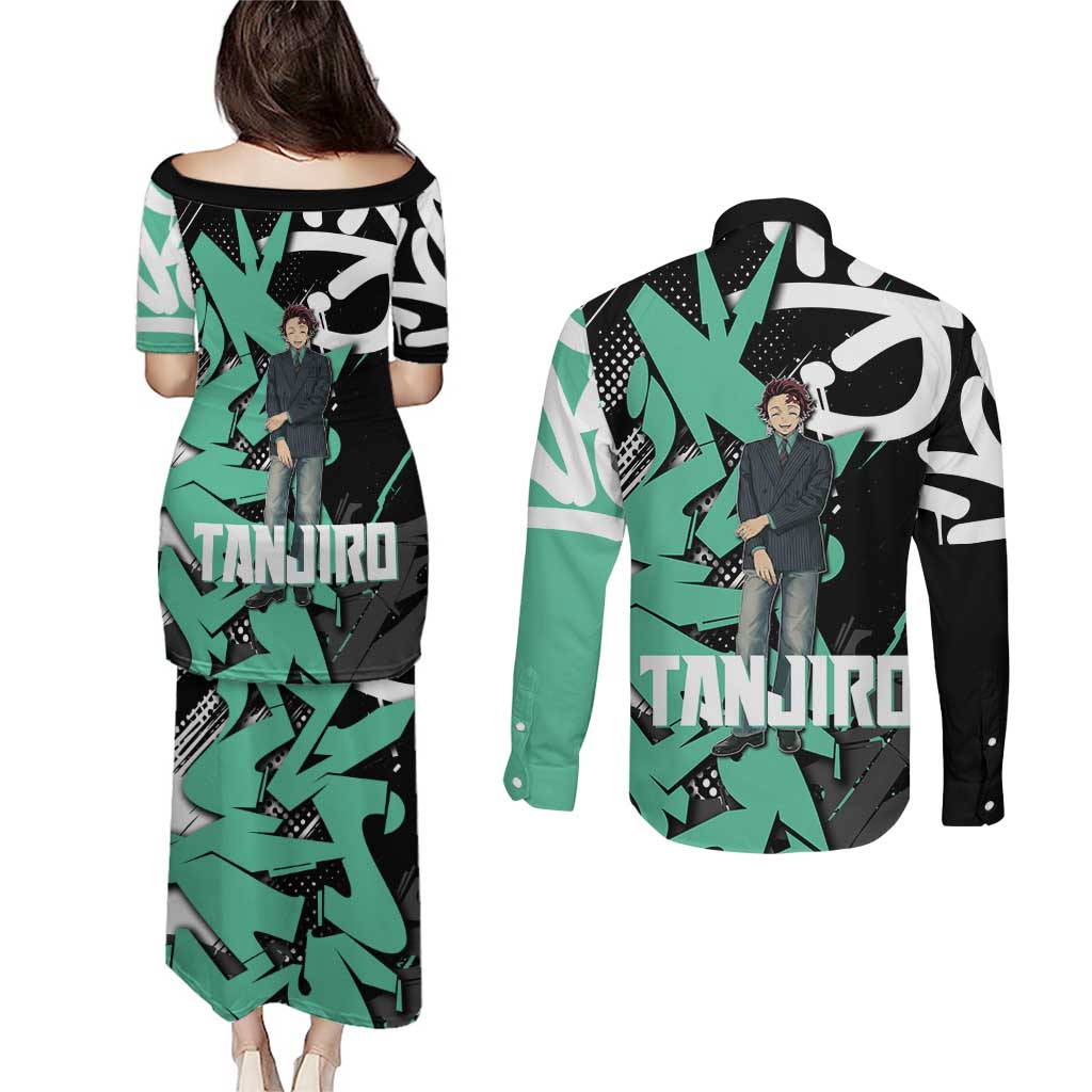 Kamado Tanjiro Demon Slayer Couples Matching Puletasi and Long Sleeve Button Shirt Black Graffiti Anime Graphic