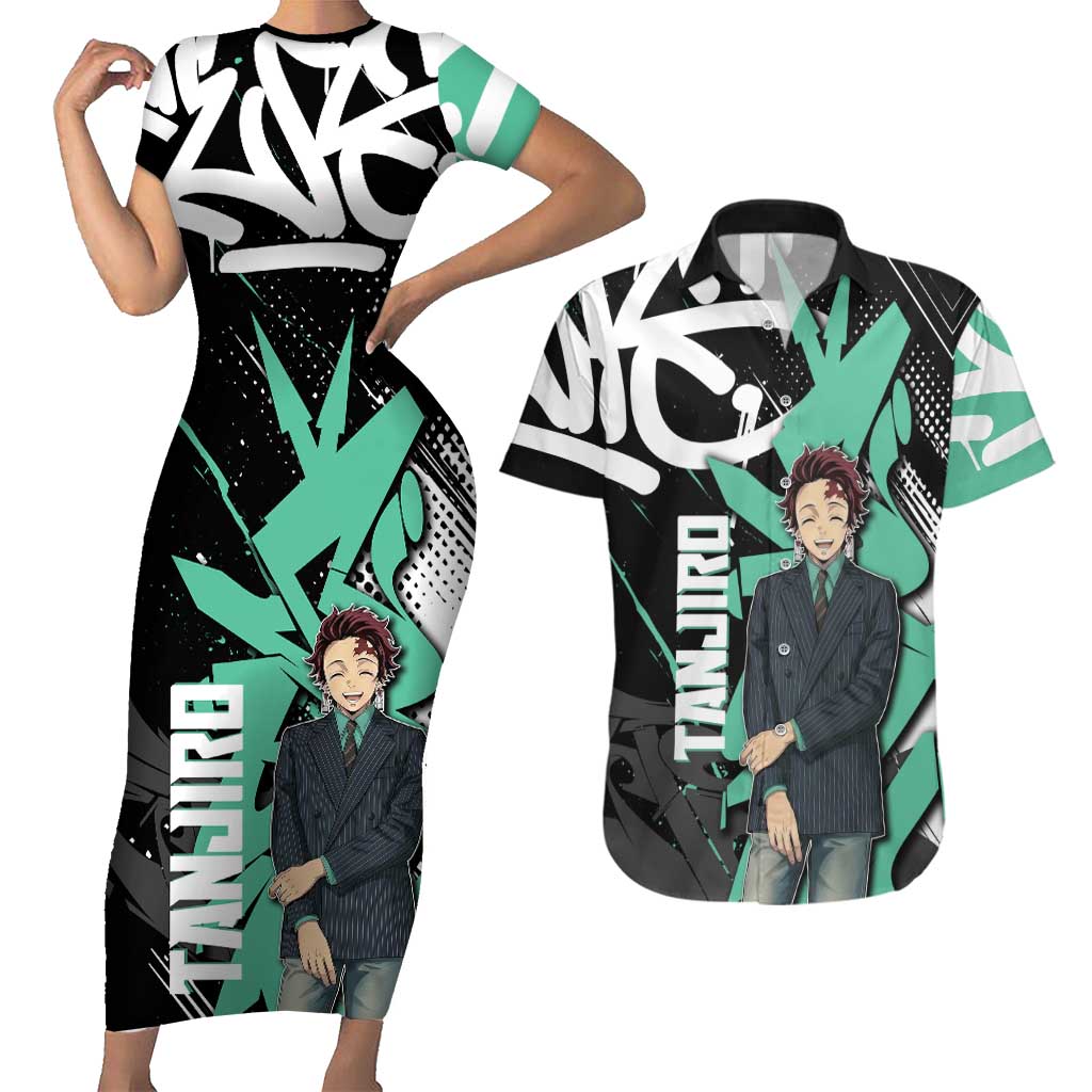Kamado Tanjiro Demon Slayer Couples Matching Short Sleeve Bodycon Dress and Hawaiian Shirt Black Graffiti Anime Graphic