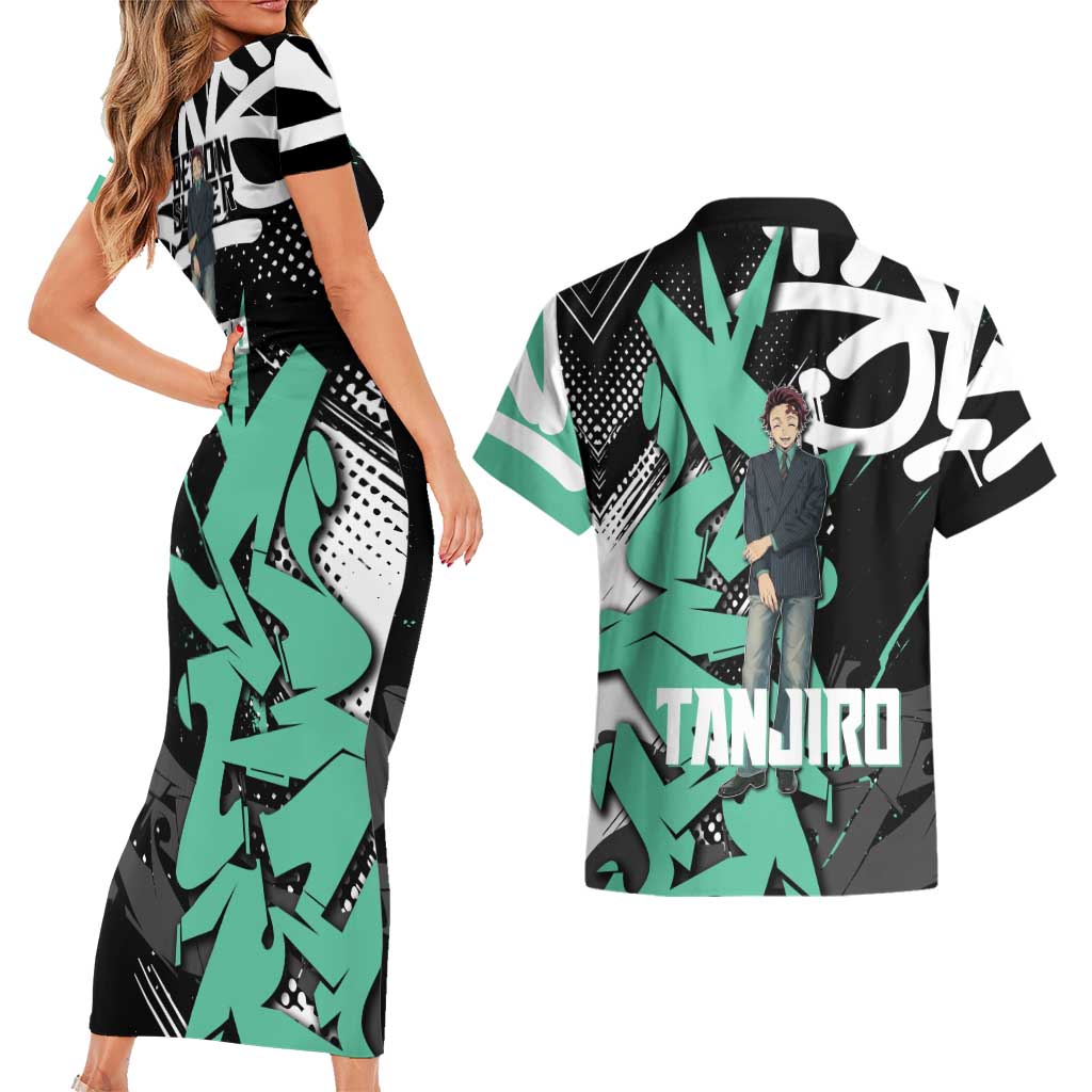 Kamado Tanjiro Demon Slayer Couples Matching Short Sleeve Bodycon Dress and Hawaiian Shirt Black Graffiti Anime Graphic