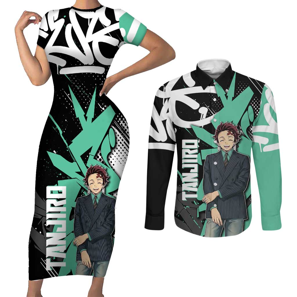 Kamado Tanjiro Demon Slayer Couples Matching Short Sleeve Bodycon Dress and Long Sleeve Button Shirt Black Graffiti Anime Graphic