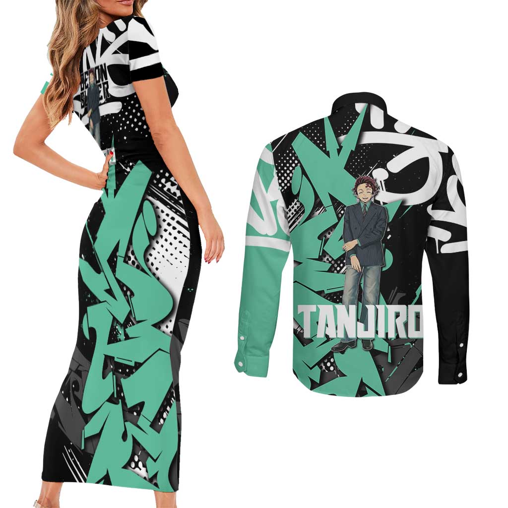 Kamado Tanjiro Demon Slayer Couples Matching Short Sleeve Bodycon Dress and Long Sleeve Button Shirt Black Graffiti Anime Graphic