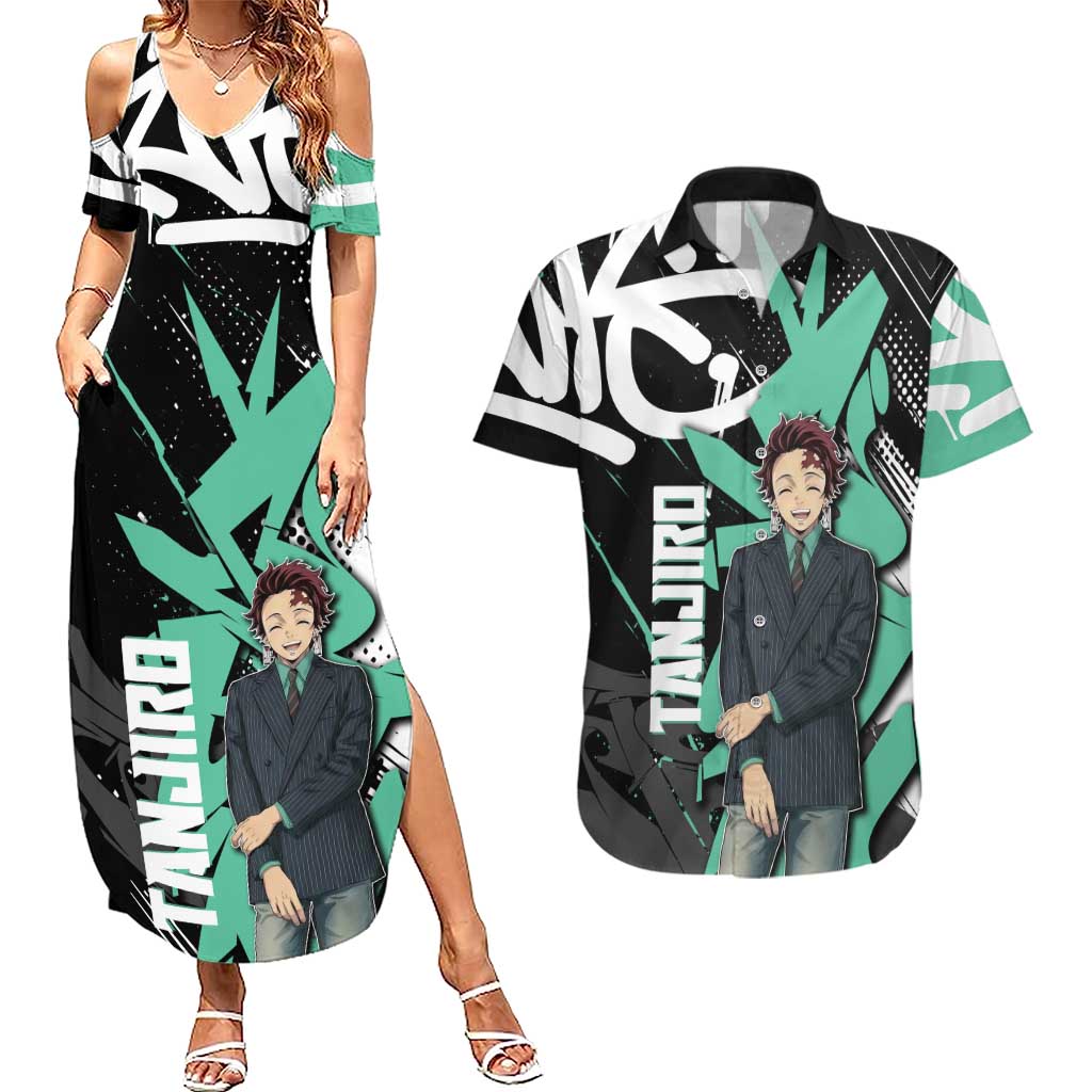 Kamado Tanjiro Demon Slayer Couples Matching Summer Maxi Dress and Hawaiian Shirt Black Graffiti Anime Graphic