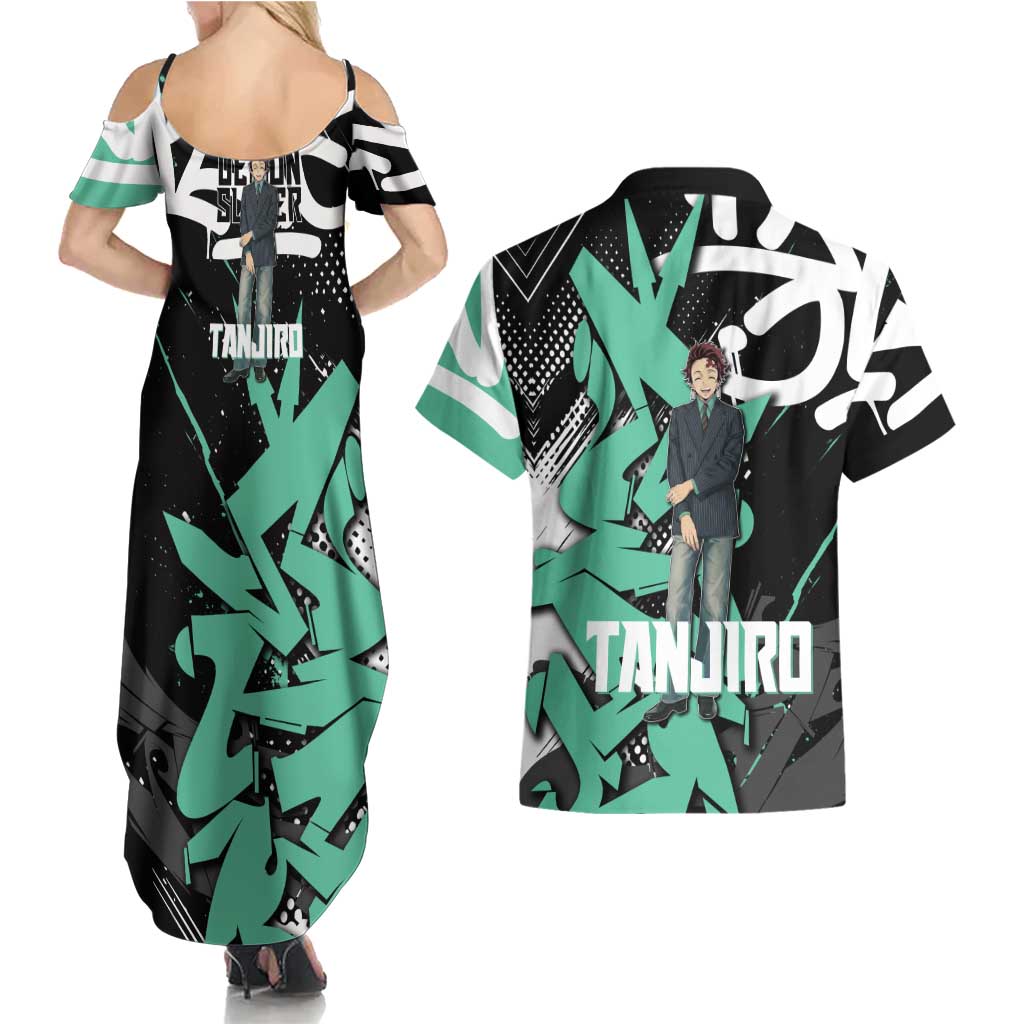 Kamado Tanjiro Demon Slayer Couples Matching Summer Maxi Dress and Hawaiian Shirt Black Graffiti Anime Graphic