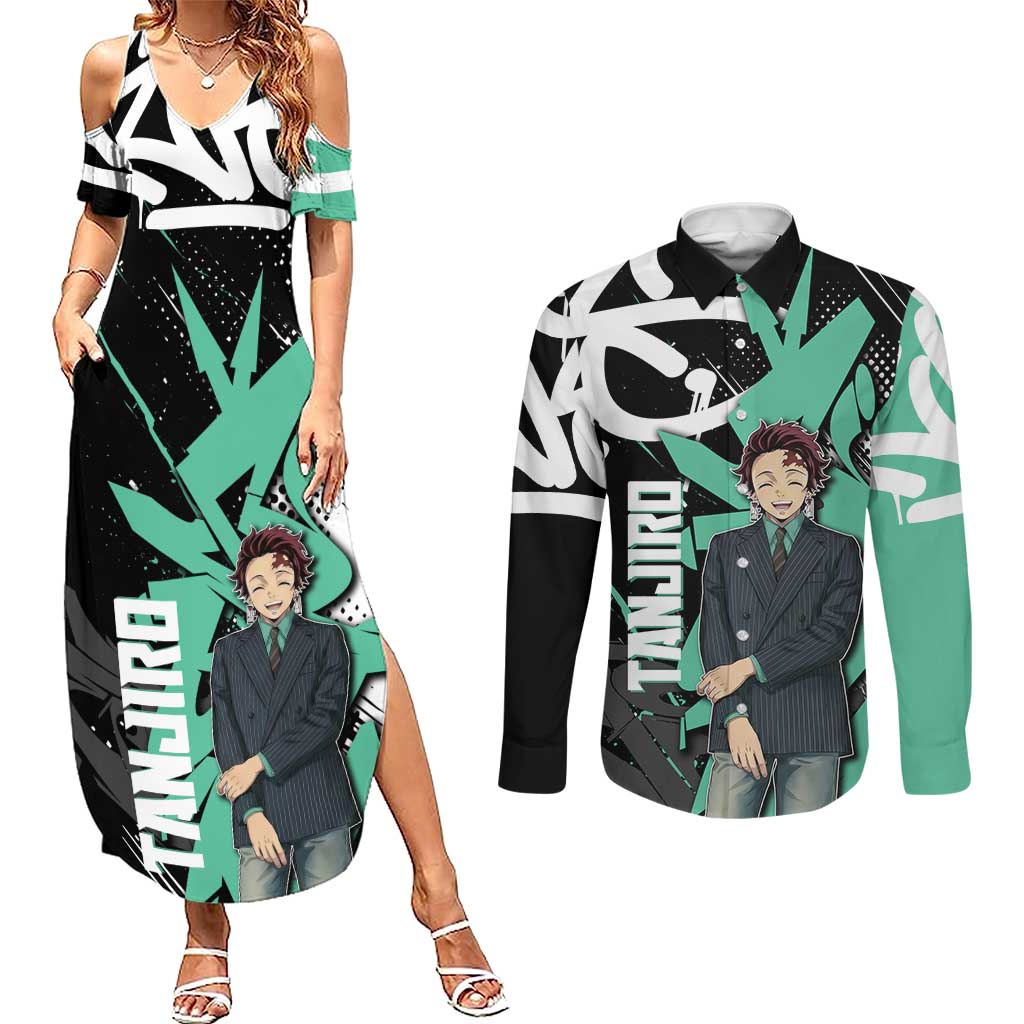 Kamado Tanjiro Demon Slayer Couples Matching Summer Maxi Dress and Long Sleeve Button Shirt Black Graffiti Anime Graphic