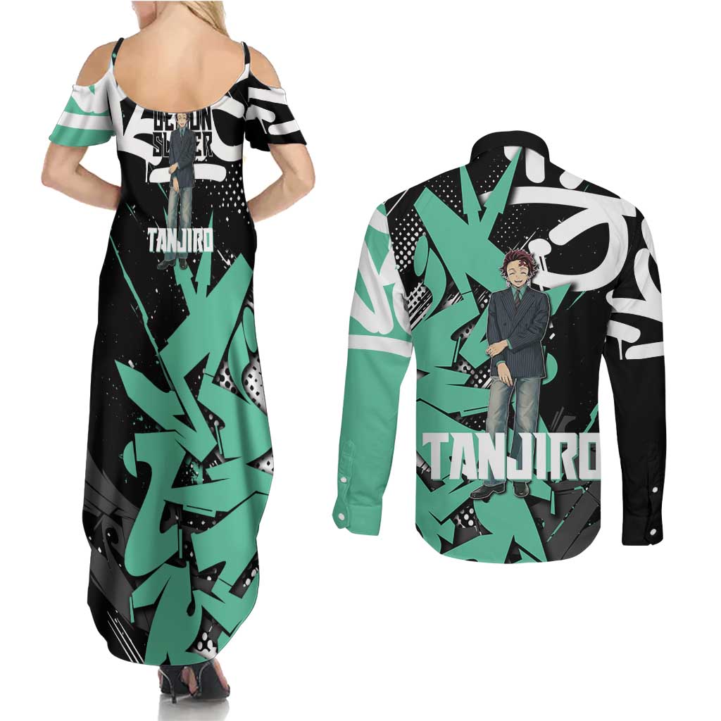 Kamado Tanjiro Demon Slayer Couples Matching Summer Maxi Dress and Long Sleeve Button Shirt Black Graffiti Anime Graphic
