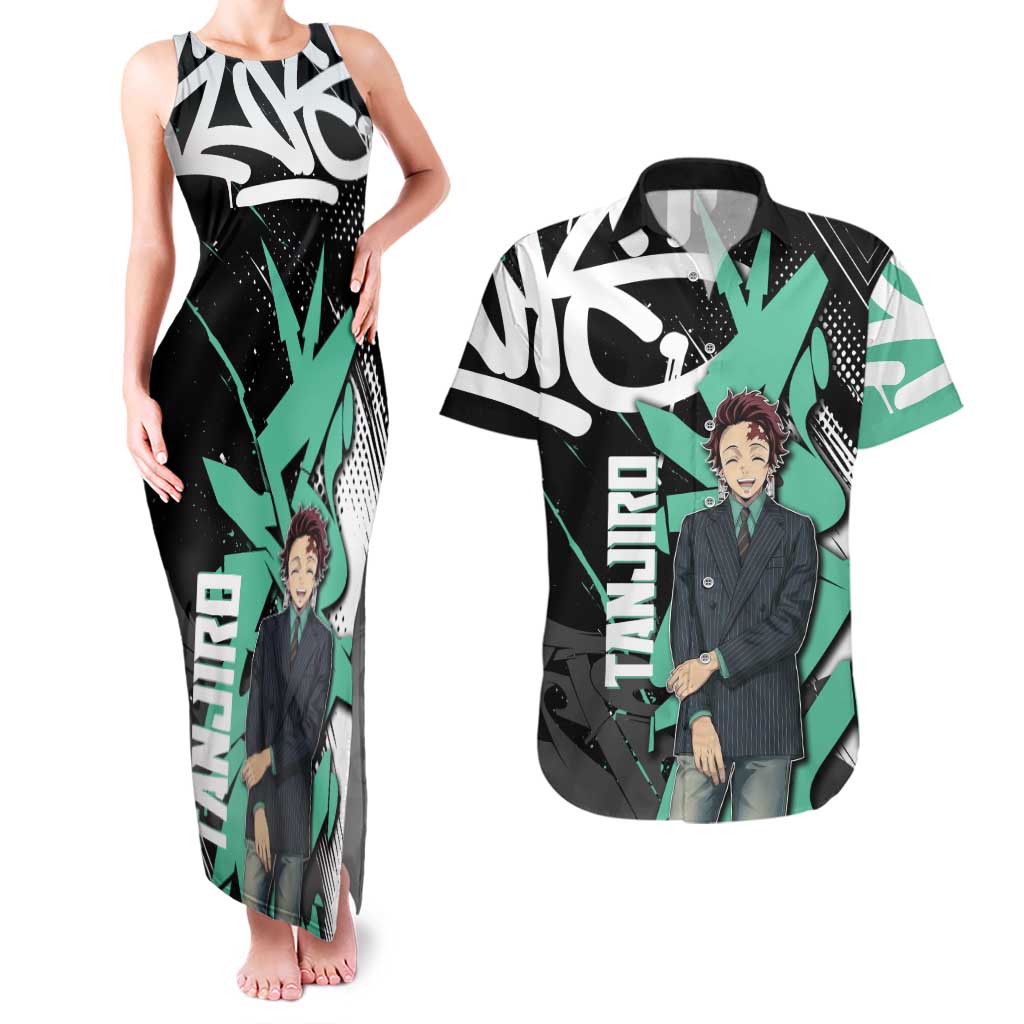 Kamado Tanjiro Demon Slayer Couples Matching Tank Maxi Dress and Hawaiian Shirt Black Graffiti Anime Graphic