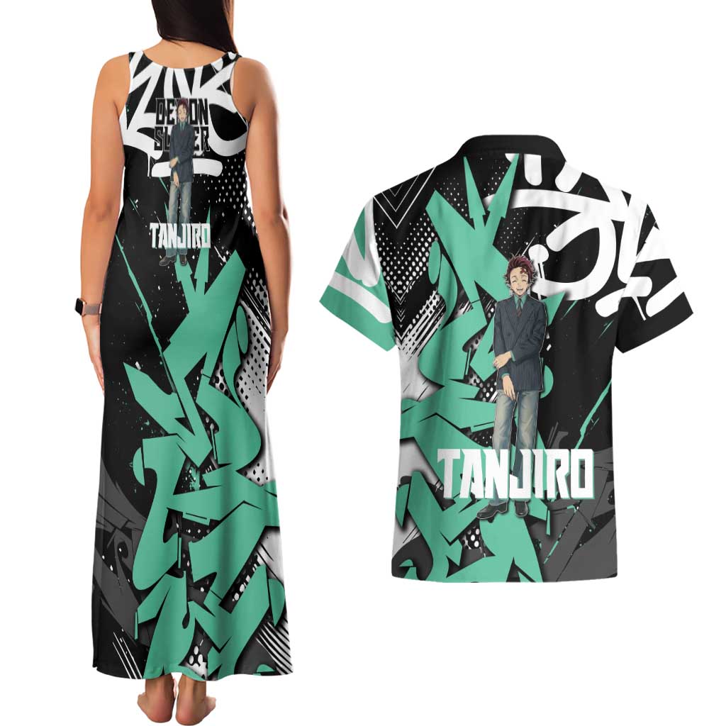 Kamado Tanjiro Demon Slayer Couples Matching Tank Maxi Dress and Hawaiian Shirt Black Graffiti Anime Graphic