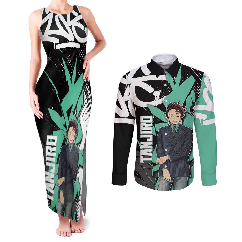 Kamado Tanjiro Demon Slayer Couples Matching Tank Maxi Dress and Long Sleeve Button Shirt Black Graffiti Anime Graphic